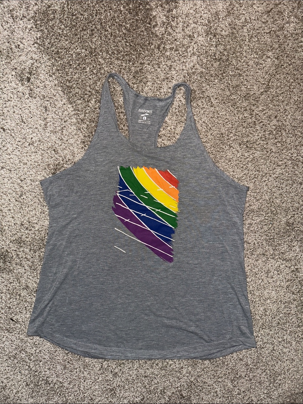 Brooks Women’s Gray Racerback Tank with Rainbow Chevron Graphic